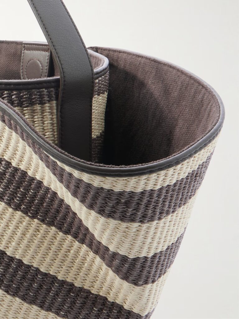Leather-Trimmed Striped Raffia Tote Full Size Image 3