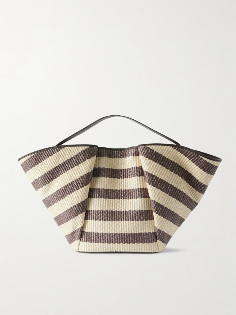 Leather-Trimmed Striped Raffia Tote Full Size Image 1