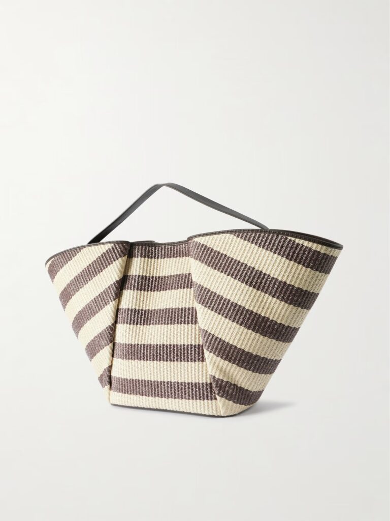 Leather-Trimmed Striped Raffia Tote Full Size Image 4