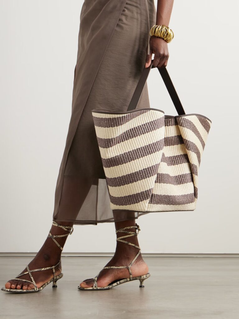 Leather-Trimmed Striped Raffia Tote Full Size Image 2