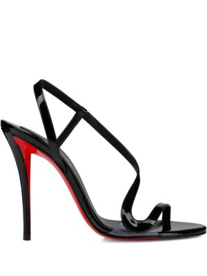 A black Christian Louboutin Rosa Z 80 PVC-Trimmed Patent-Leather Sandal with thin straps and a distinctive red sole, shown in a side profile against a white background.