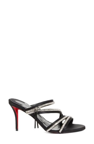 A black open-toe high heel mule inspired by the Christian Louboutin Minny Bubble 70mm Leather Mules, featuring a red sole, multiple thin rhinestone straps, and a small decorative tassel near the ankle.