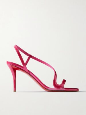 A pink Christian Louboutin Merylzip Crystal Embellished Sandal with a glossy finish, open toe, thin sole, and asymmetrical strap design, displayed against a plain white background.