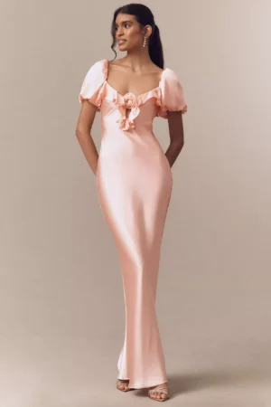 DE LA VALI Eden Satin Puff-Sleeve Column Maxi Dress