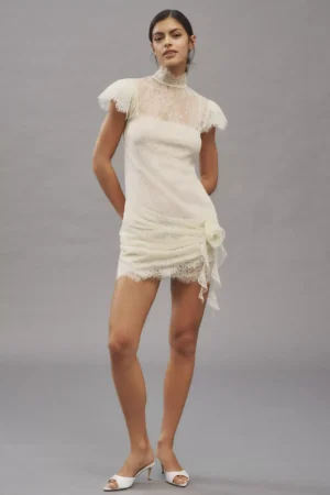 DE LA VALI Silentium Flounce-Sleeve Lace Mini Dress