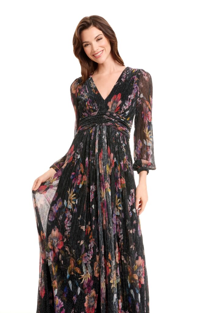 Pauline Metallic Floral Long Sleeve Gown Full Size Image 2