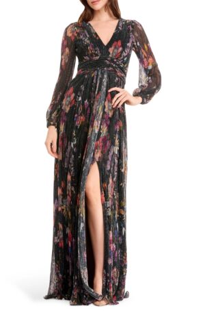 DRESS THE POPULATION Pauline Metallic Floral Long Sleeve Gown