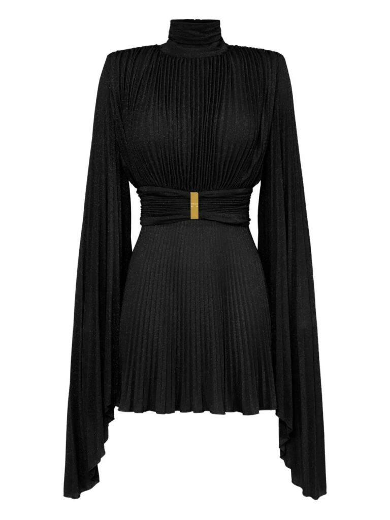 Pleated High-Neck Mini Dress Full Size Image 4