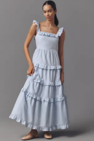ENGLISH FACTORY Square-Neck Tiered Ruffle Midi Dress
