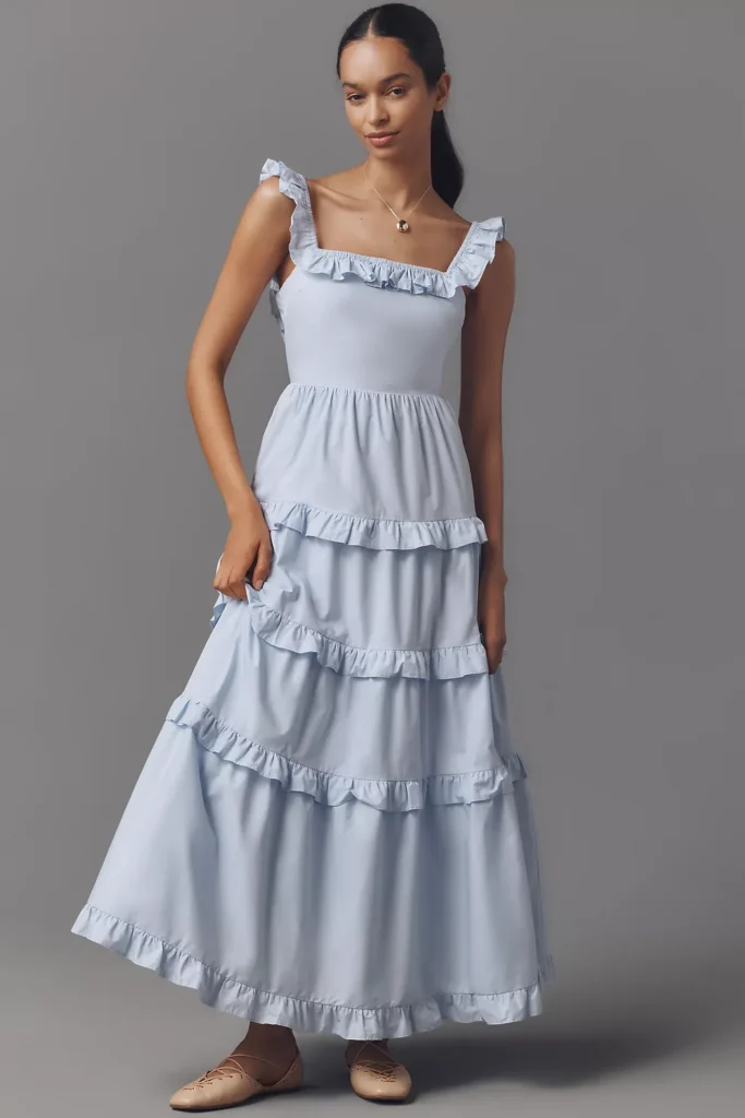 Square-Neck Tiered Ruffle Midi Dress Full Size Image 1