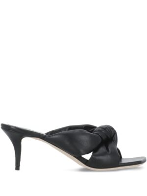 A black mule heeled sandal with an open toe, inspired by the Fabiana Filippi 70mm Knotted Square-Toe Sandals, featuring a twisted leather strap design and a slim, mid-height stiletto heel.