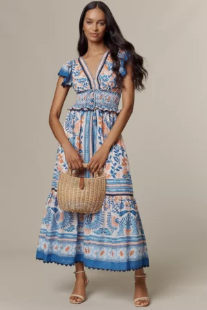 FARM RIO Ruffle-Sleeve Smocked Maxi Dress