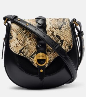 A black leather crossbody bag with a snakeskin-patterned flap, a twisted black leather strap detail down the center, gold hardware, and an adjustable shoulder strap inspired by the refined style of the Isabel Marant Oskan Soft Fringed Suede Shoulder Bag.