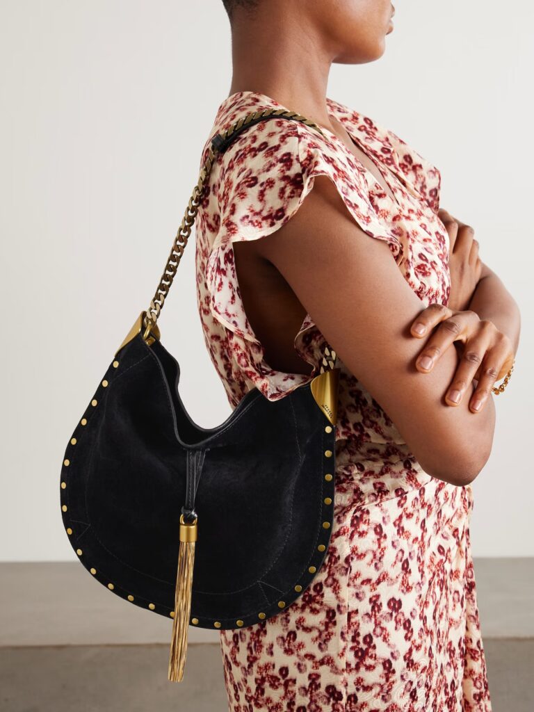 Oskan Leather-Trimmed Tassled Studded Suede Shoulder Bag Full Size Image 3