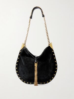 An Isabel Marant Oskan Soft Fringed Suede Shoulder Bag in black, featuring a gold chain strap, gold stud accents along the edges, gold metal corners, and a gold tassel hanging from the center. The background is plain white.