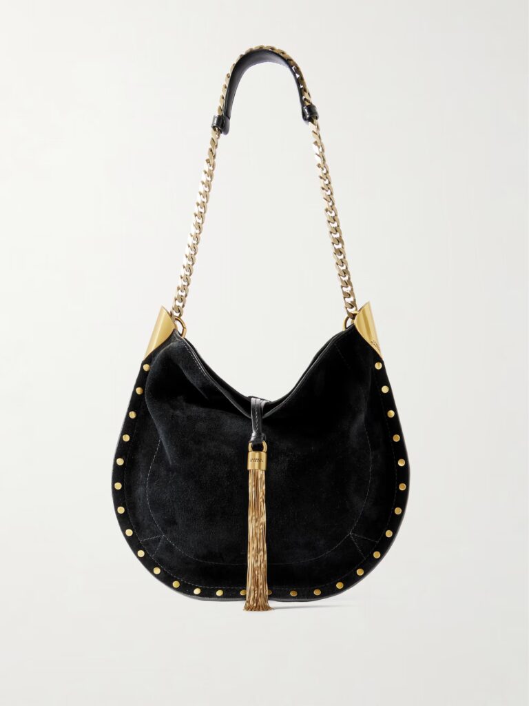 Oskan Leather-Trimmed Tassled Studded Suede Shoulder Bag Full Size Image 1