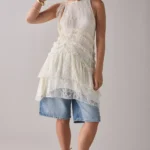 Alicia Asymmetric Cascading Ruffle Lace Mini Dress Thumbnail 1