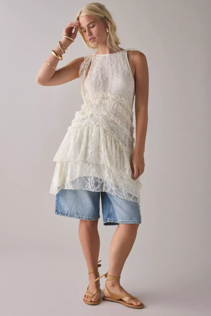 Alicia Asymmetric Cascading Ruffle Lace Mini Dress Full Size Image 1
