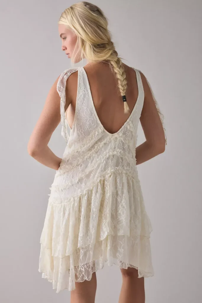 Alicia Asymmetric Cascading Ruffle Lace Mini Dress Full Size Image 3