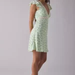 Green Floral Satin V-Neck Lace Trim Mini Dress Thumbnail 2