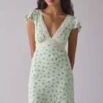 Green Floral Satin V-Neck Lace Trim Mini Dress Thumbnail 1