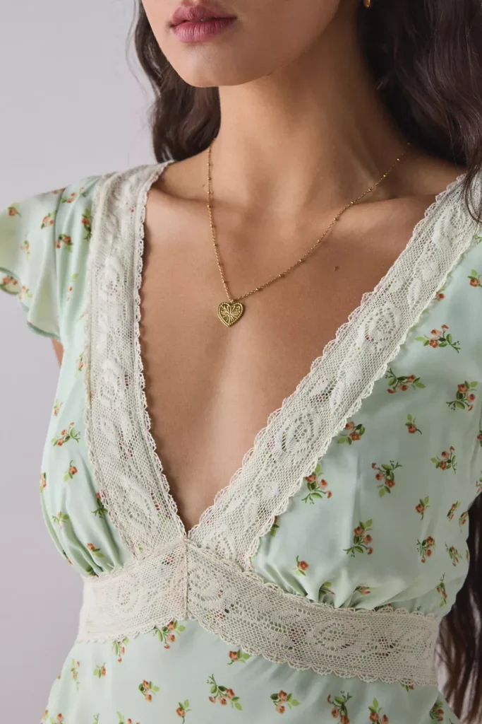 Green Floral Satin V-Neck Lace Trim Mini Dress Full Size Image 3