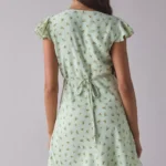 Green Floral Satin V-Neck Lace Trim Mini Dress Thumbnail 4