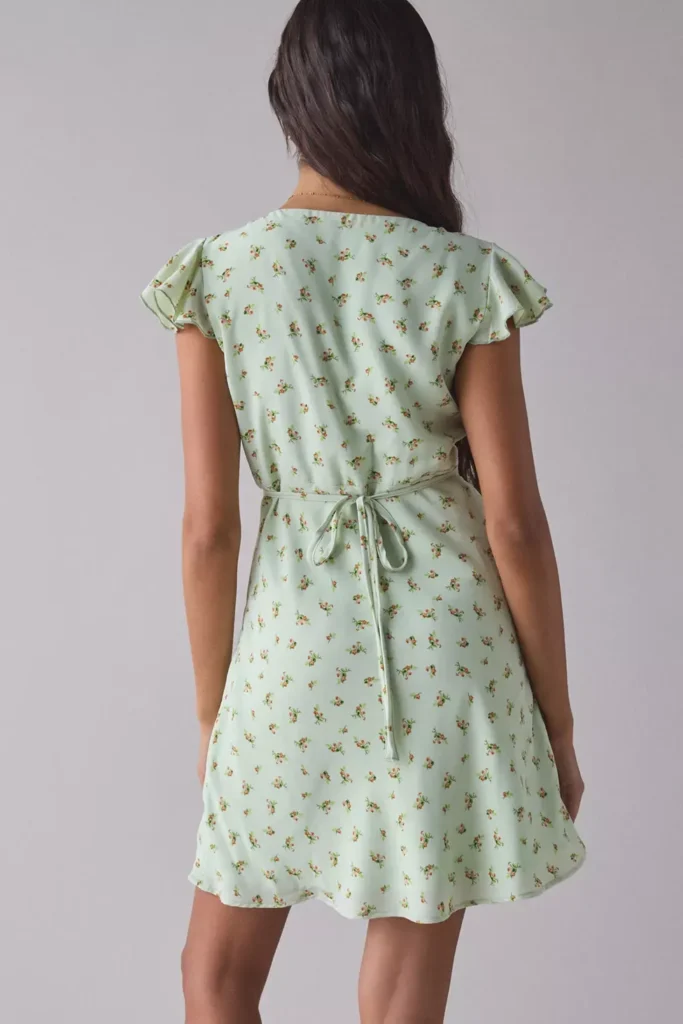 Green Floral Satin V-Neck Lace Trim Mini Dress Full Size Image 4