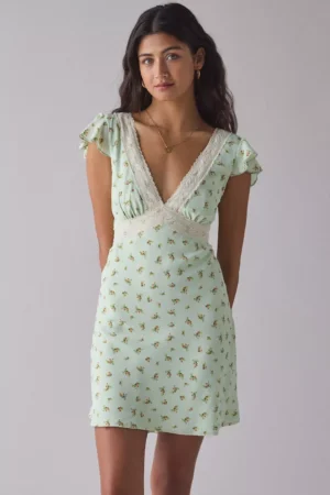 KISS THE SKY Green Floral Satin V-Neck Lace Trim Mini Dress