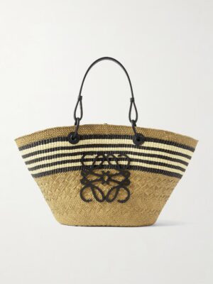 A woven straw Loewe Anagram Large Palm Basket Bag with black and beige horizontal stripes, black leather handles, and a large black decorative logo on the front.