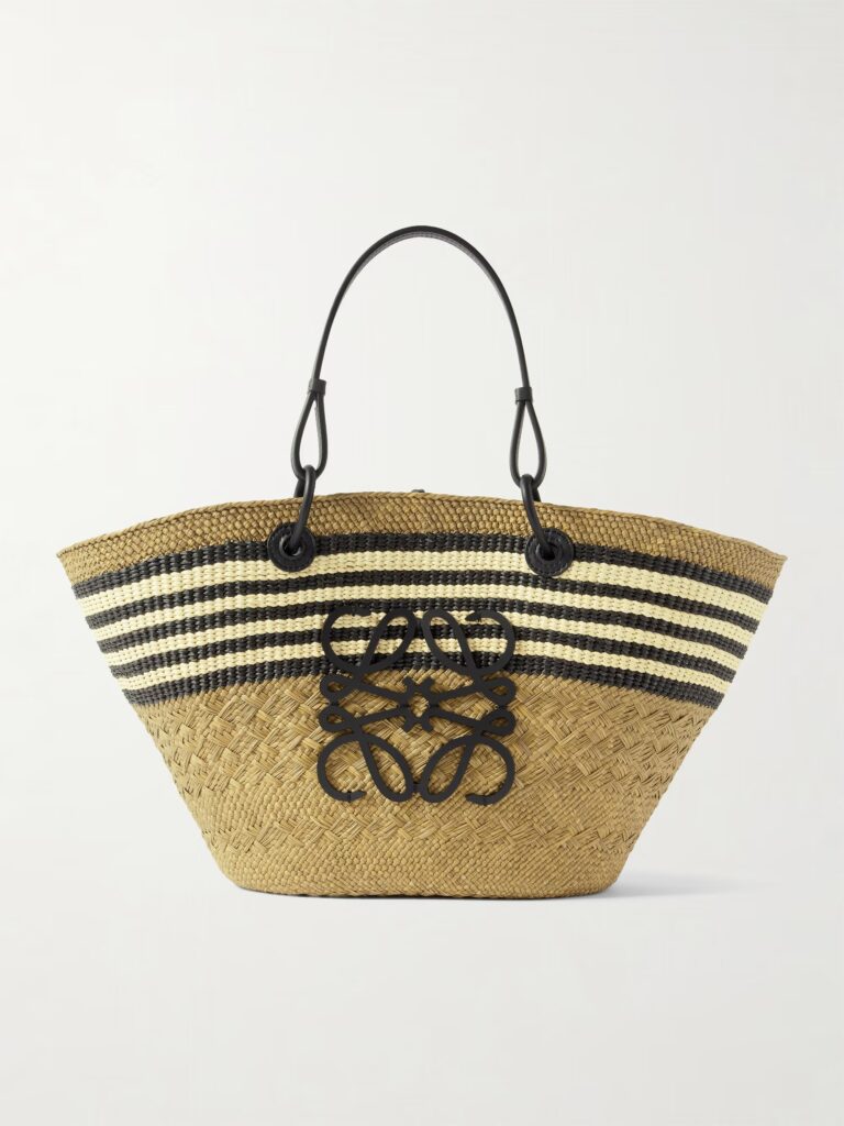 Paula’s Ibiza Anagram Basket Medium Leather-Trimmed Striped Raffia Tote Full Size Image 1