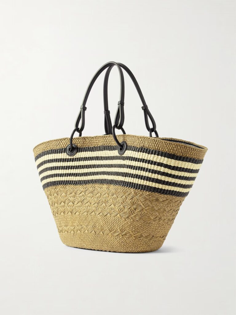 Paula’s Ibiza Anagram Basket Medium Leather-Trimmed Striped Raffia Tote Full Size Image 4