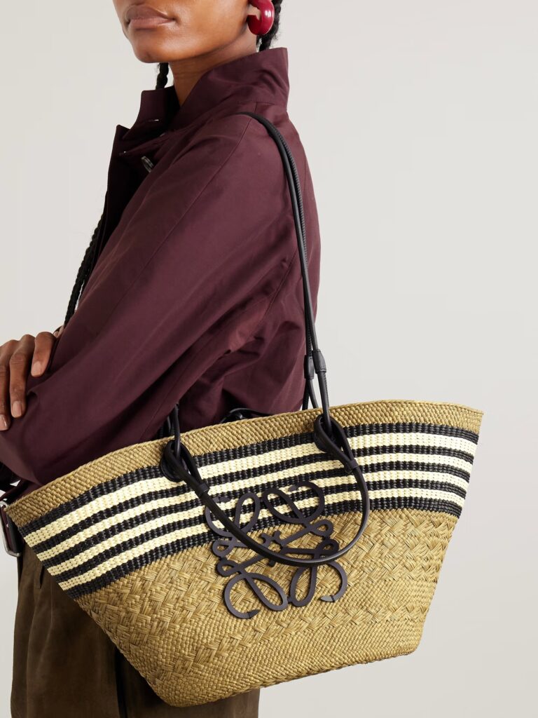 Paula’s Ibiza Anagram Basket Medium Leather-Trimmed Striped Raffia Tote Full Size Image 2