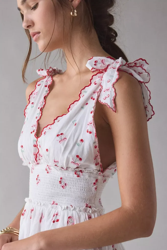 Soria Cherry Plunging Tie-Strap Smocked Mini Dress Full Size Image 2