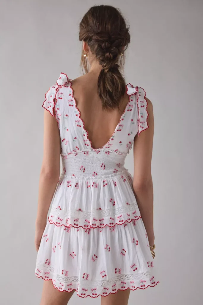 Soria Cherry Plunging Tie-Strap Smocked Mini Dress Full Size Image 3