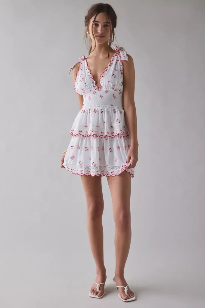 Soria Cherry Plunging Tie-Strap Smocked Mini Dress Full Size Image 1