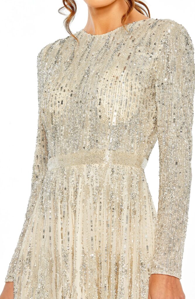 Sequin High Neck Long Sleeve A Line Dress Full Size Image 3