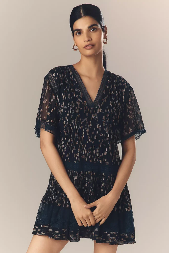 V-Neck Lurex Tiered Mini Dress Full Size Image 3
