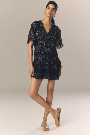 MAEVE V-Neck Lurex Tiered Mini Dress