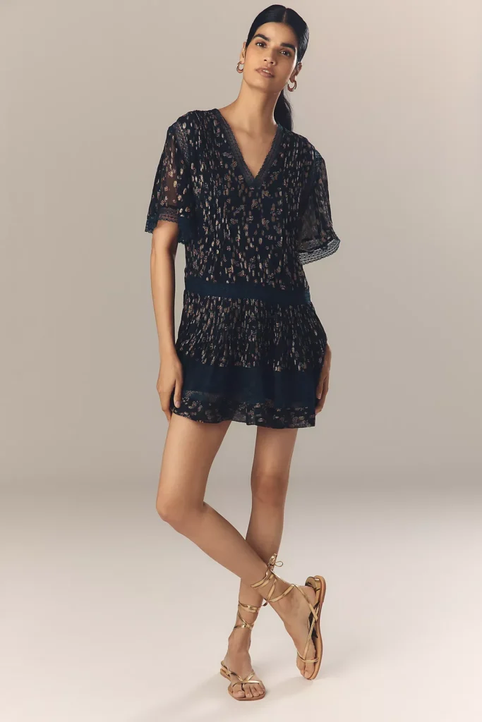 V-Neck Lurex Tiered Mini Dress Full Size Image 1