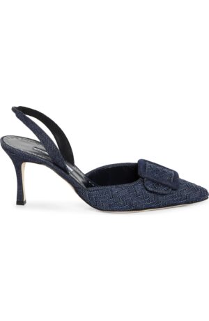 A navy blue pointed-toe slingback heel inspired by Manolo Blahnik Sufik Satin Embellished T-Strap Pumps, featuring a low stiletto heel, large decorative buckle on the front, and a textured fabric finish.