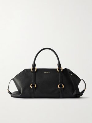 A black Alexander McQueen Birdee Large Leather Tote with gold hardware, two top handles, and a detachable shoulder strap is displayed against a plain light background. The brand name "McQueen" is printed in gold on the front.