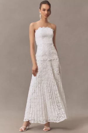 MILLY Norelle Strapless Lace Pleated Maxi Dress