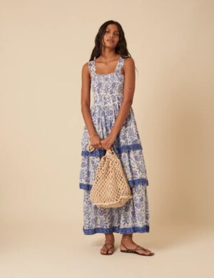 NOBODY'S CHILD Woodblock Printed Tiered Rowan Midi Dress