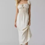 Linen Smocked Milkmaid Midi Dress Thumbnail 1