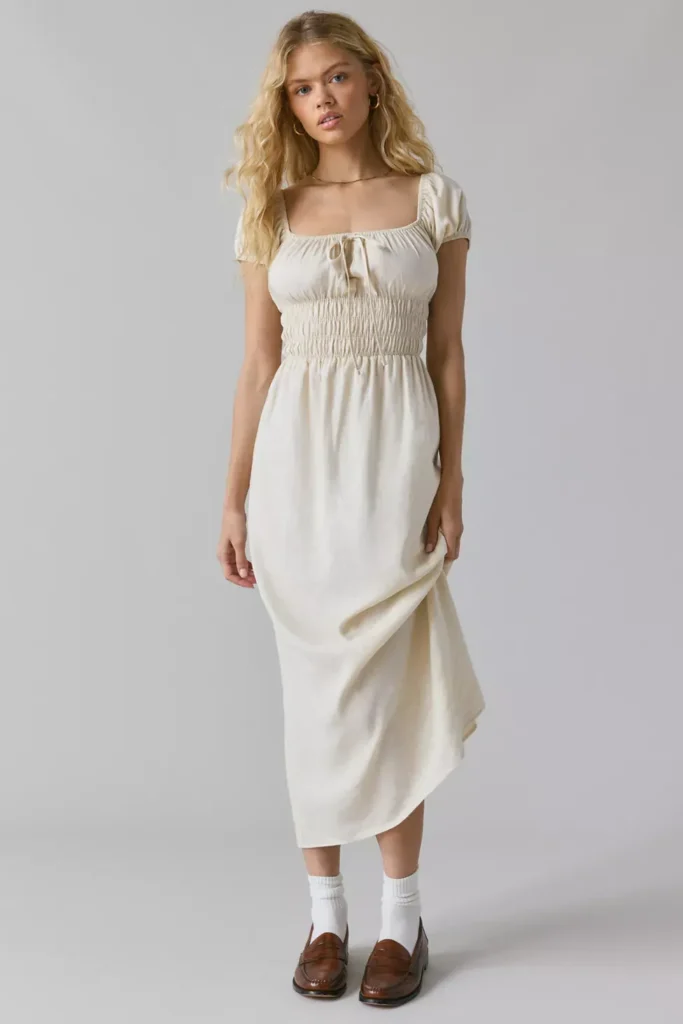 Linen Smocked Milkmaid Midi Dress Full Size Image 1