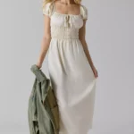 Linen Smocked Milkmaid Midi Dress Thumbnail 4