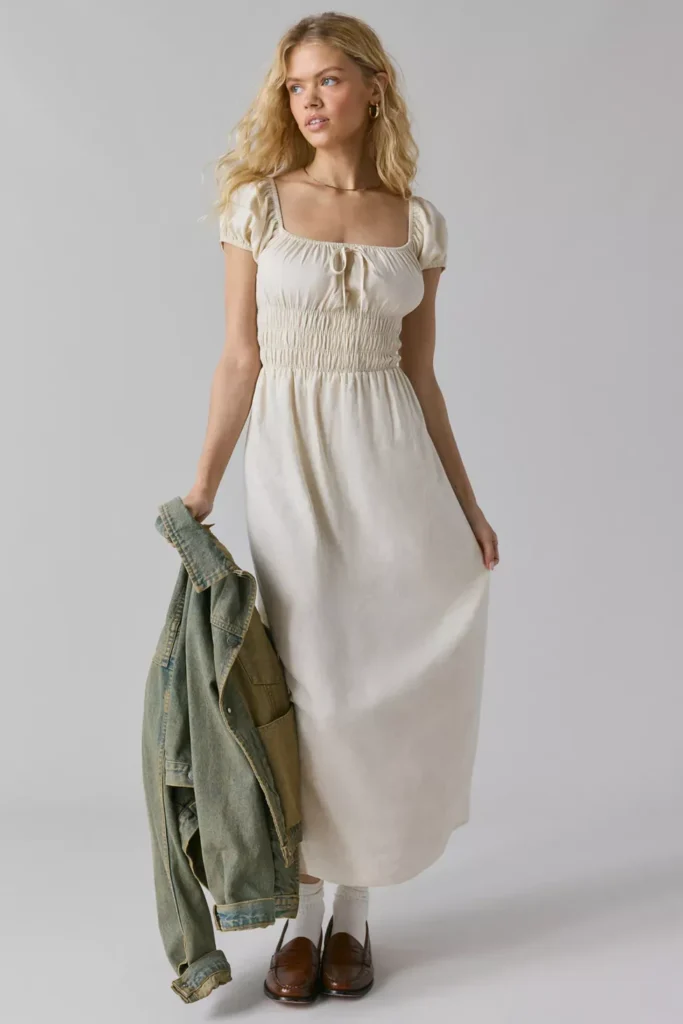 Linen Smocked Milkmaid Midi Dress Full Size Image 4