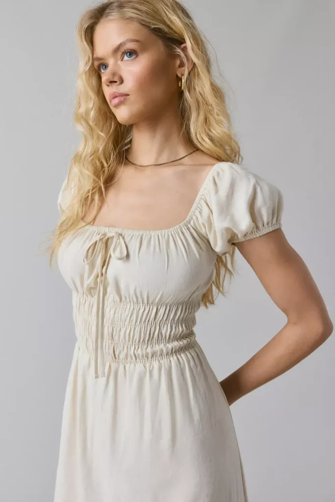 Linen Smocked Milkmaid Midi Dress Full Size Image 2