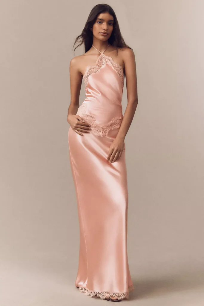 Everly Halter Lace-Trim Satin Maxi Dress Full Size Image 1